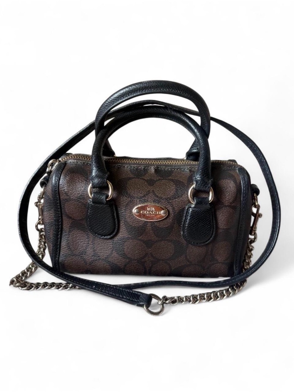 COACH Brown Signature Mini Satchel with Black Trim and Chain Strap